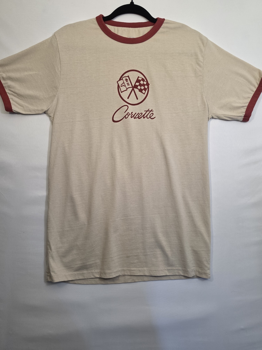 Chevrolet Corvette RoadTrip Ringer T Shirt Men’s M Retro Racing Cream Red